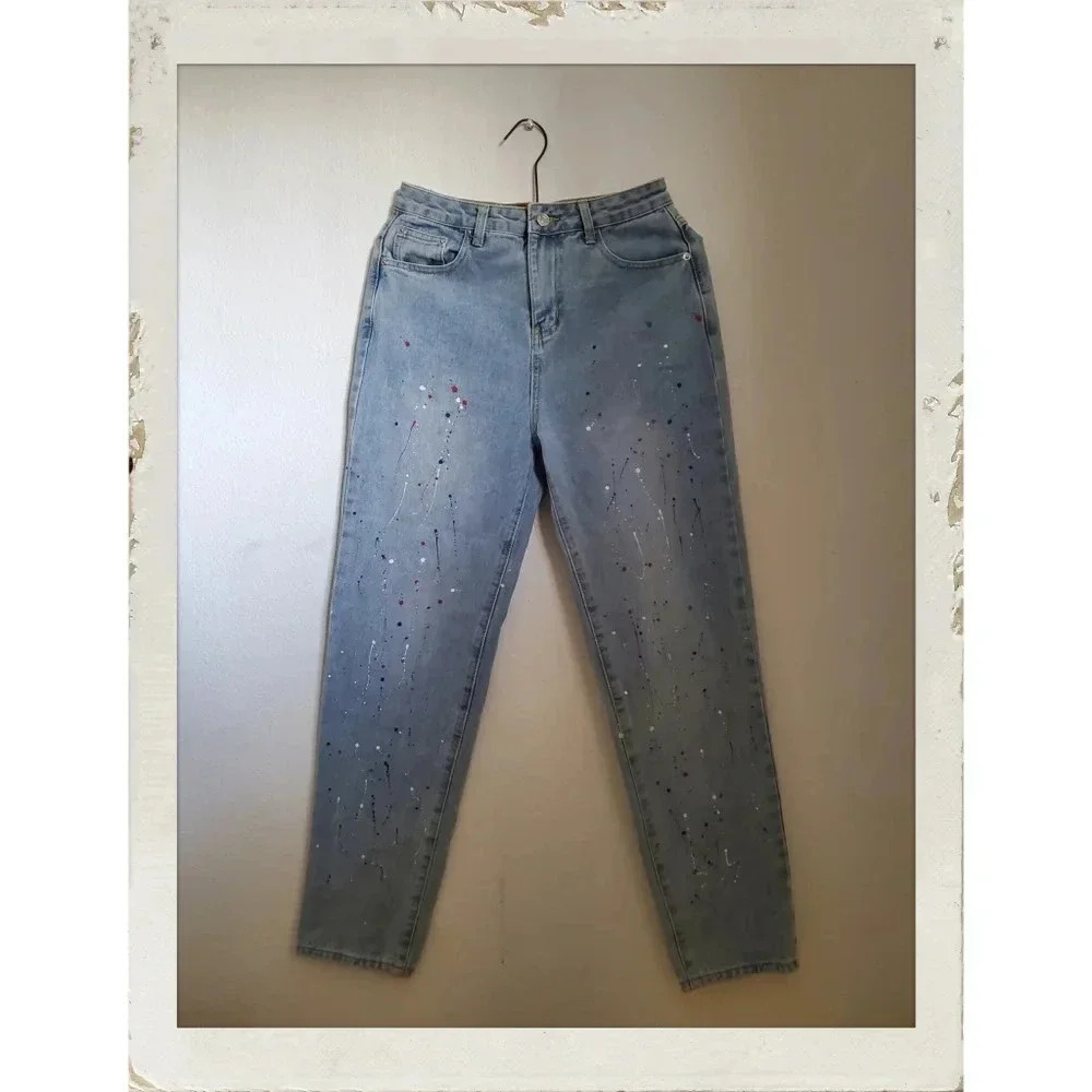 ✨BOGO FREE✨  SHEIN Paint Splash High Waisted Washed Blue Denim  Mom Jeans